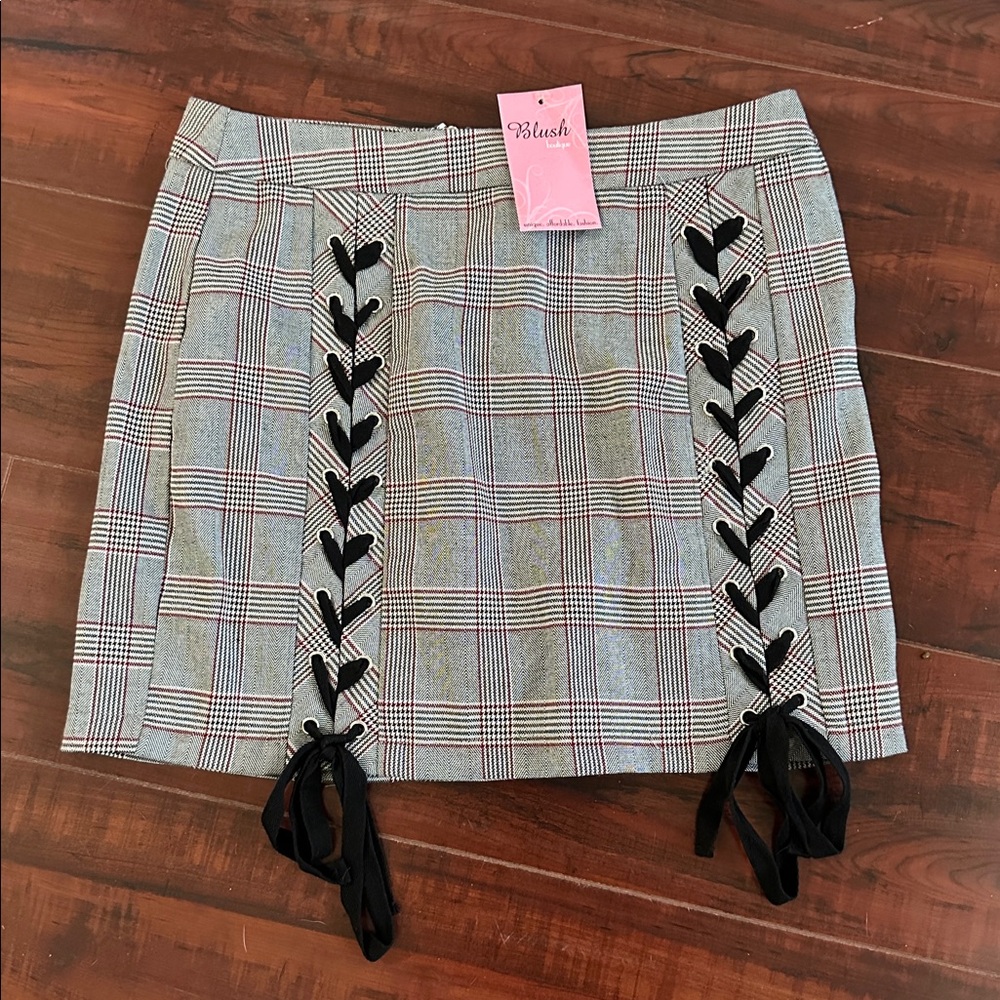 Plaid Mini Skirt with Black Lace-Up